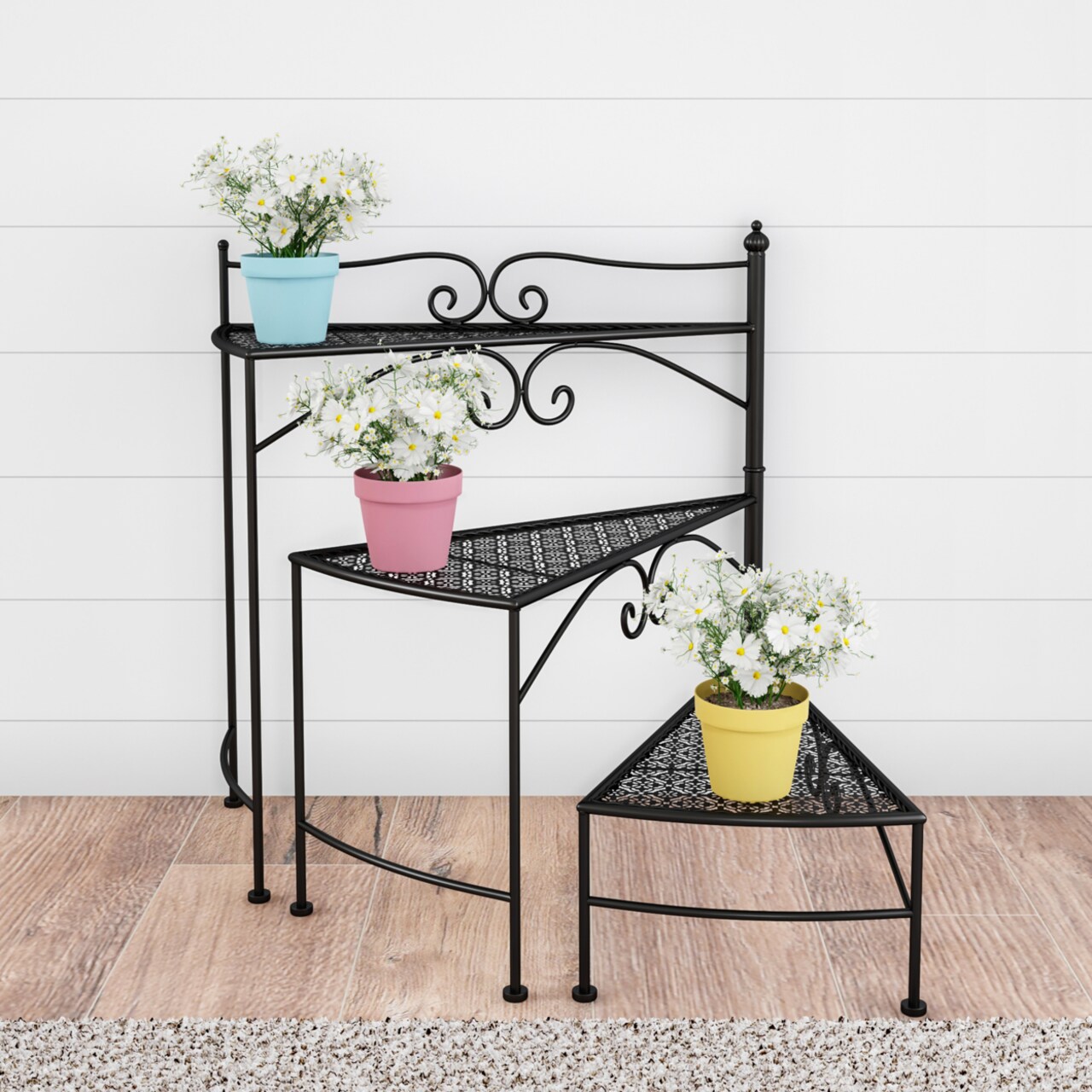 Black 3-Tier Folding Plant Stand Wrought Iron Metal Indoor Outdoor 24In H